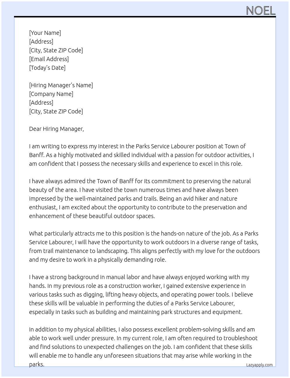parks service labourer At Town of Banff Cover Letter