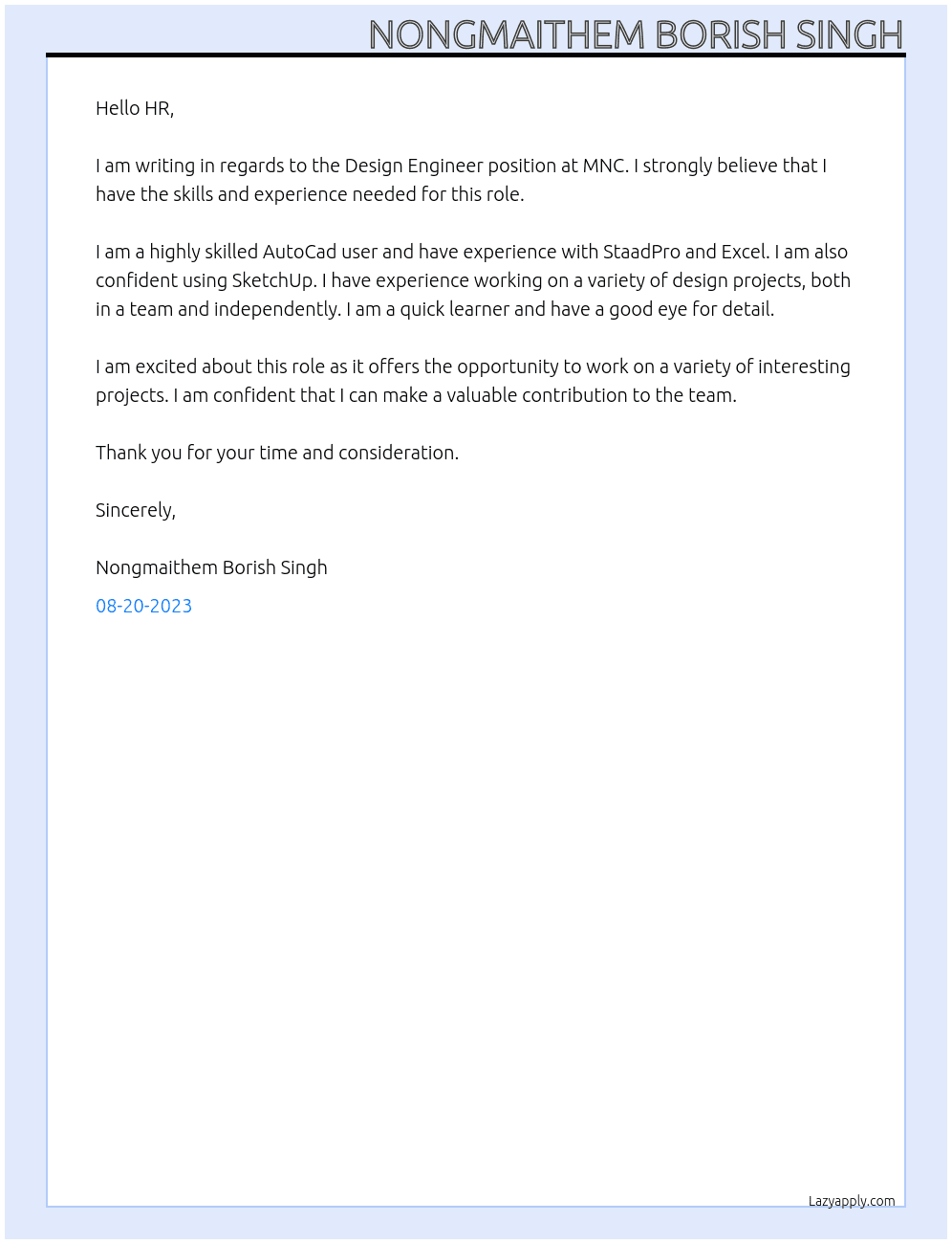 Design Engineer  At MNC Cover Letter