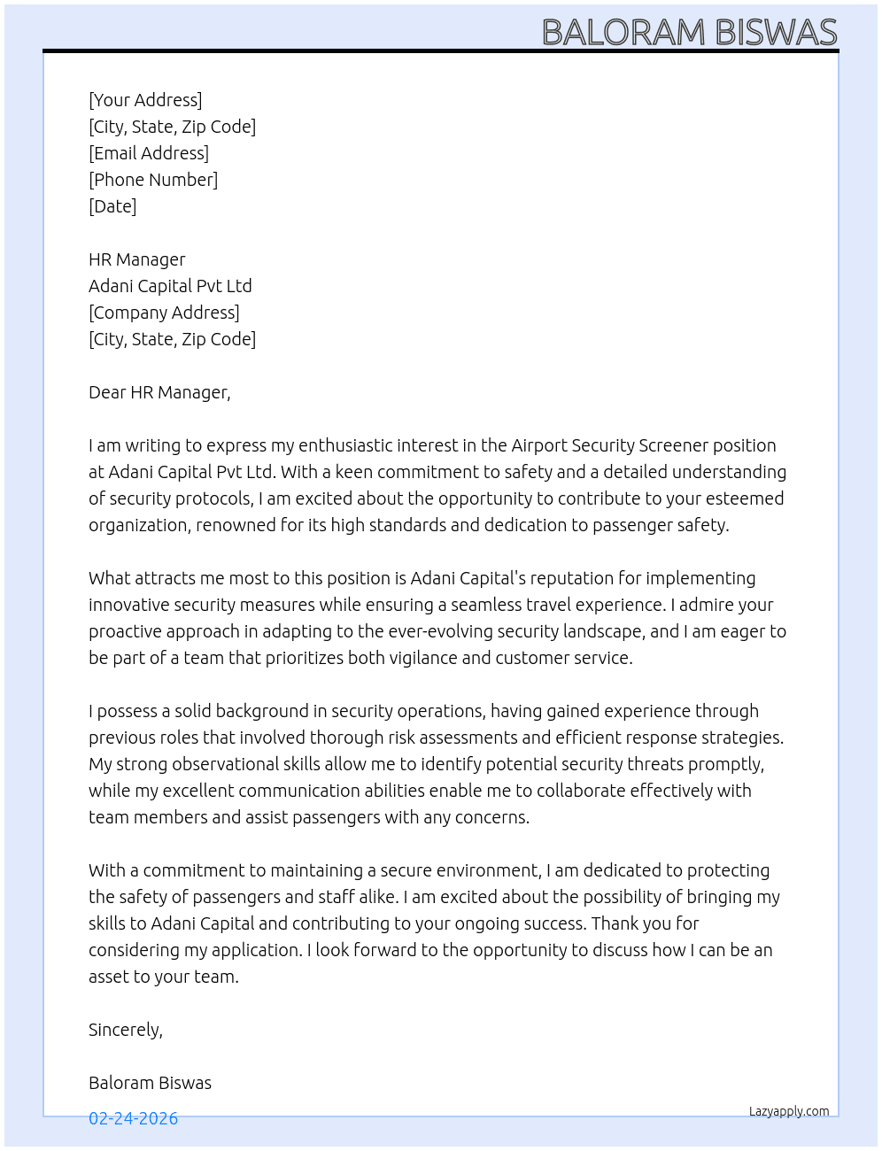 Airport security Screener At Adani capital pvt ltd Cover Letter