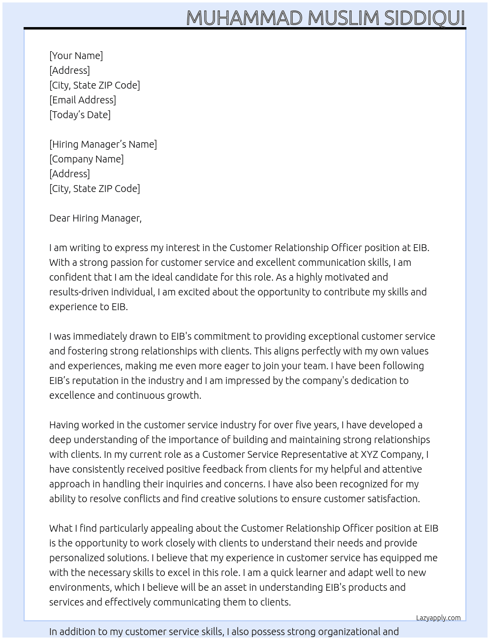  Customer Relationship Officer At EIB Cover Letter