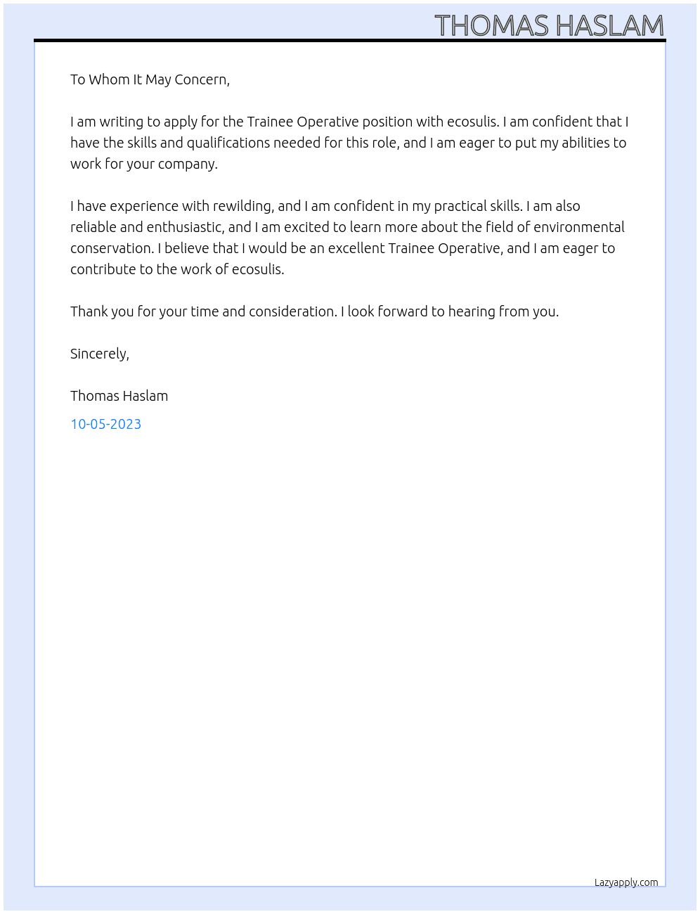 Trainee Operative At ecosulis Cover Letter