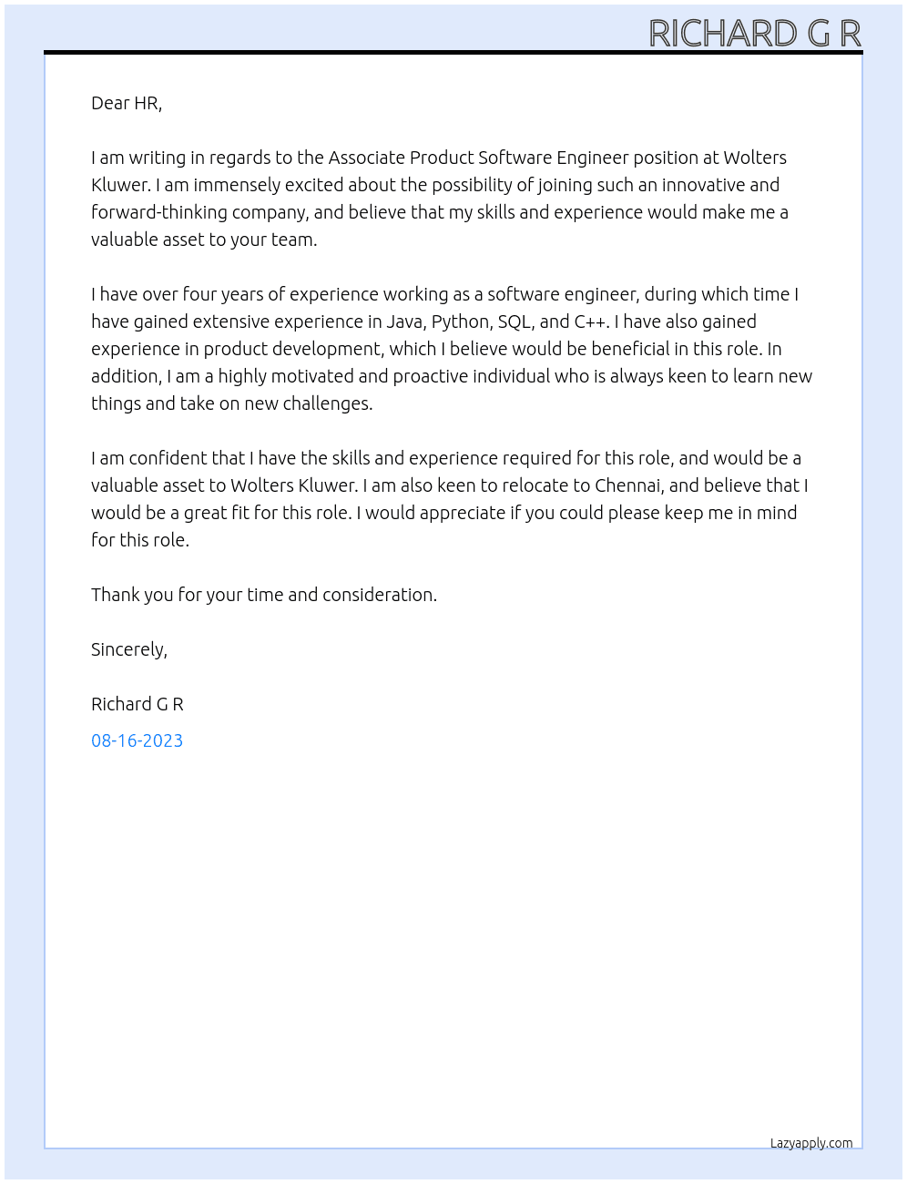 Associate Product Software Engineer At Wolters Kluwer Cover Letter