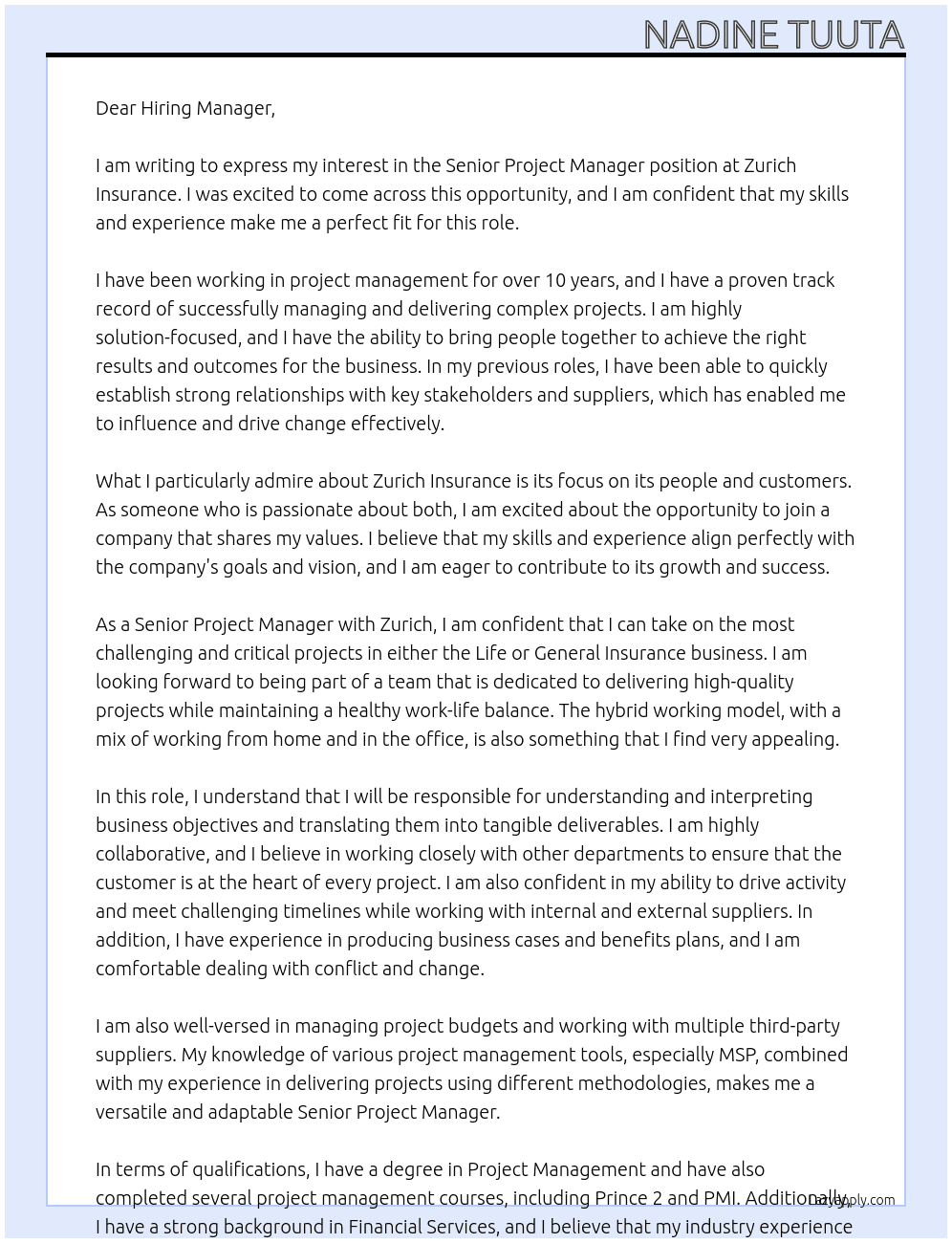 Senior Project Manager At Zurich Insurance Cover Letter