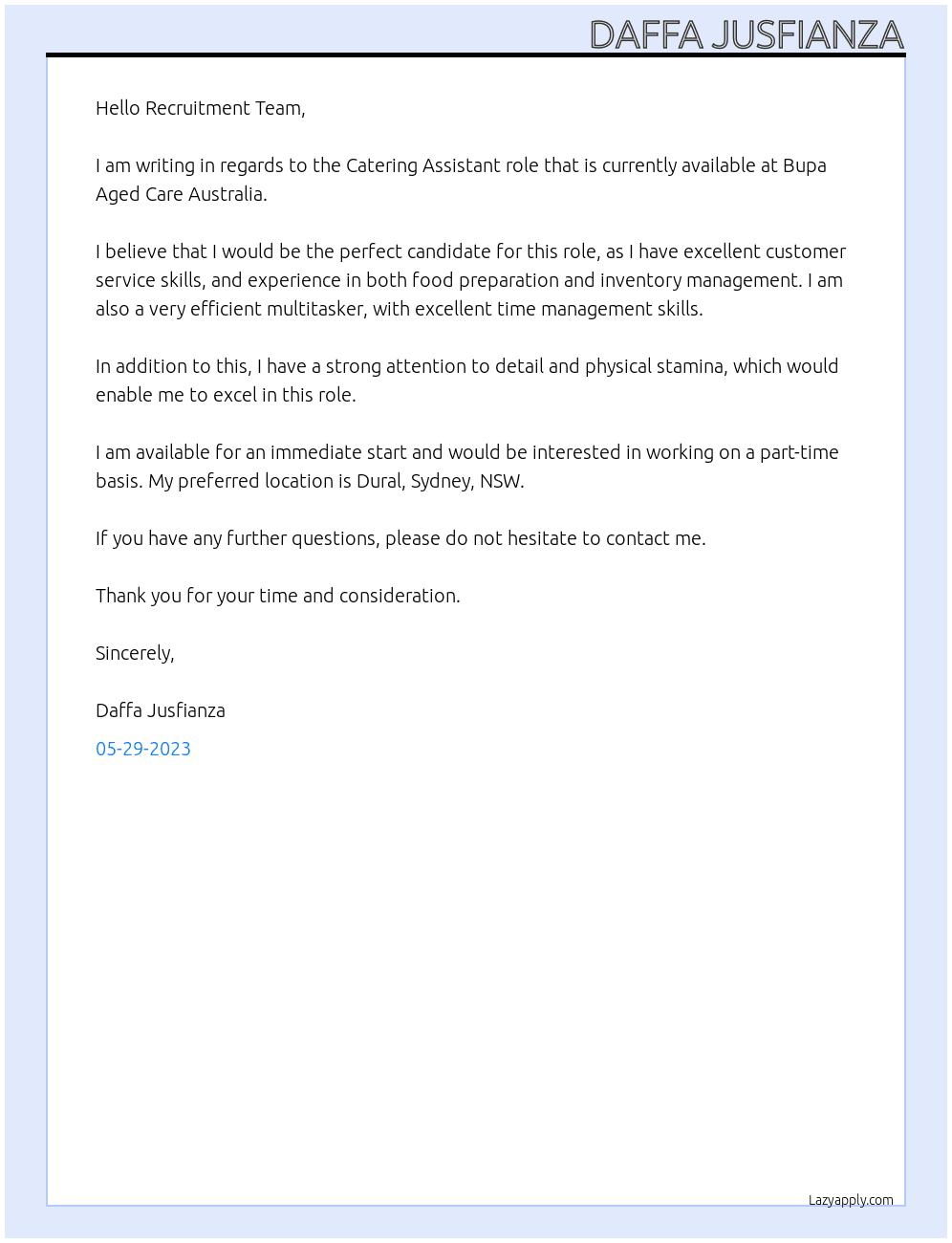 Catering Assistant At Bupa Aged Care Australia Cover Letter