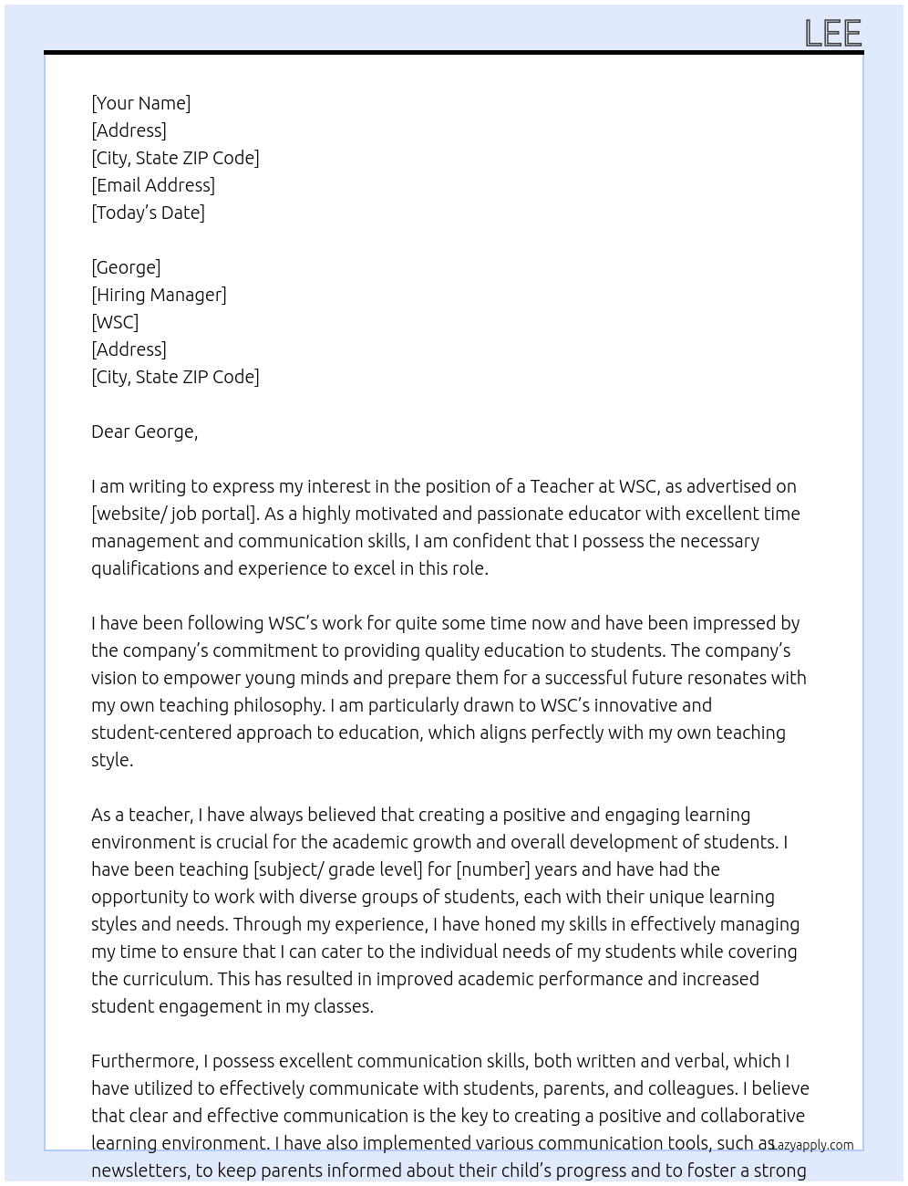 teacher At wsc Cover Letter