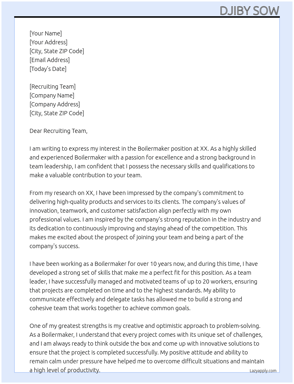 Boilermaker At XX Cover Letter