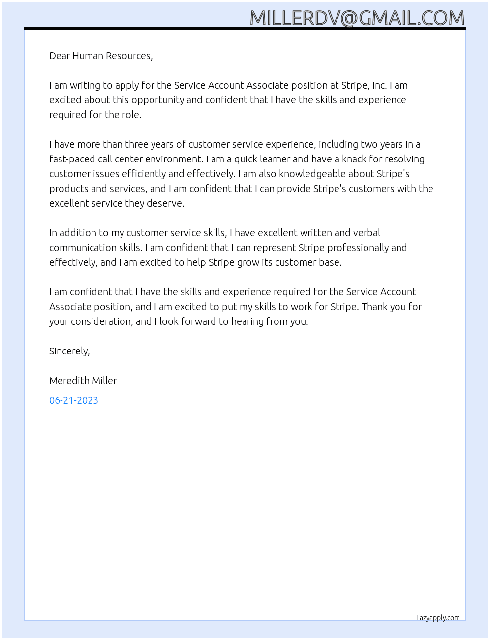 Service Account Associate At Stripe, Inc Cover Letter