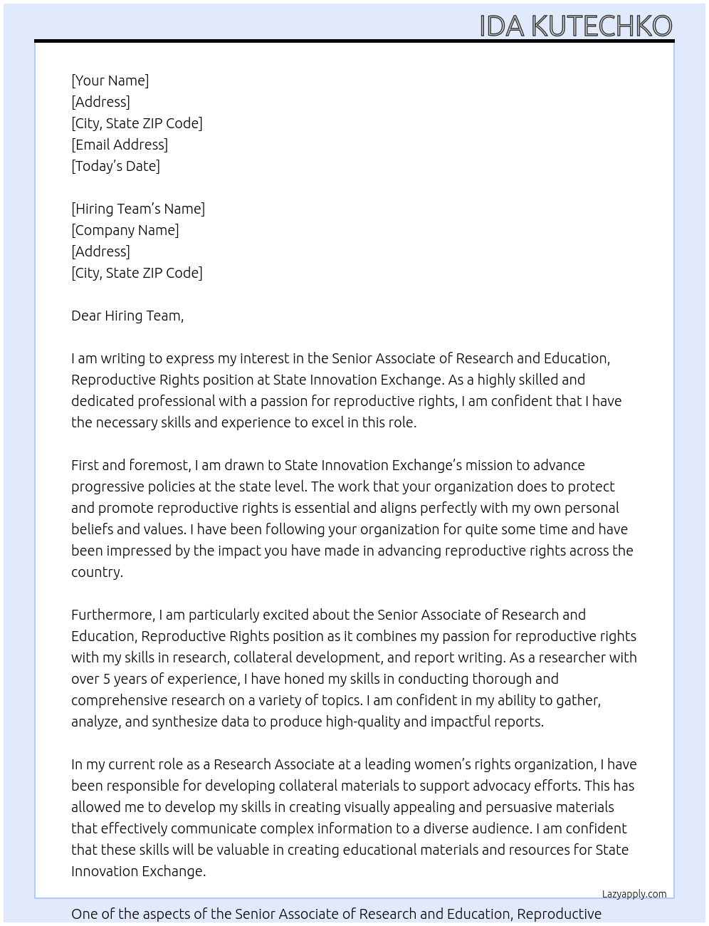 Senior Associate of Research and Education, Reproductive Rights At State Innovation Exchange Cover Letter