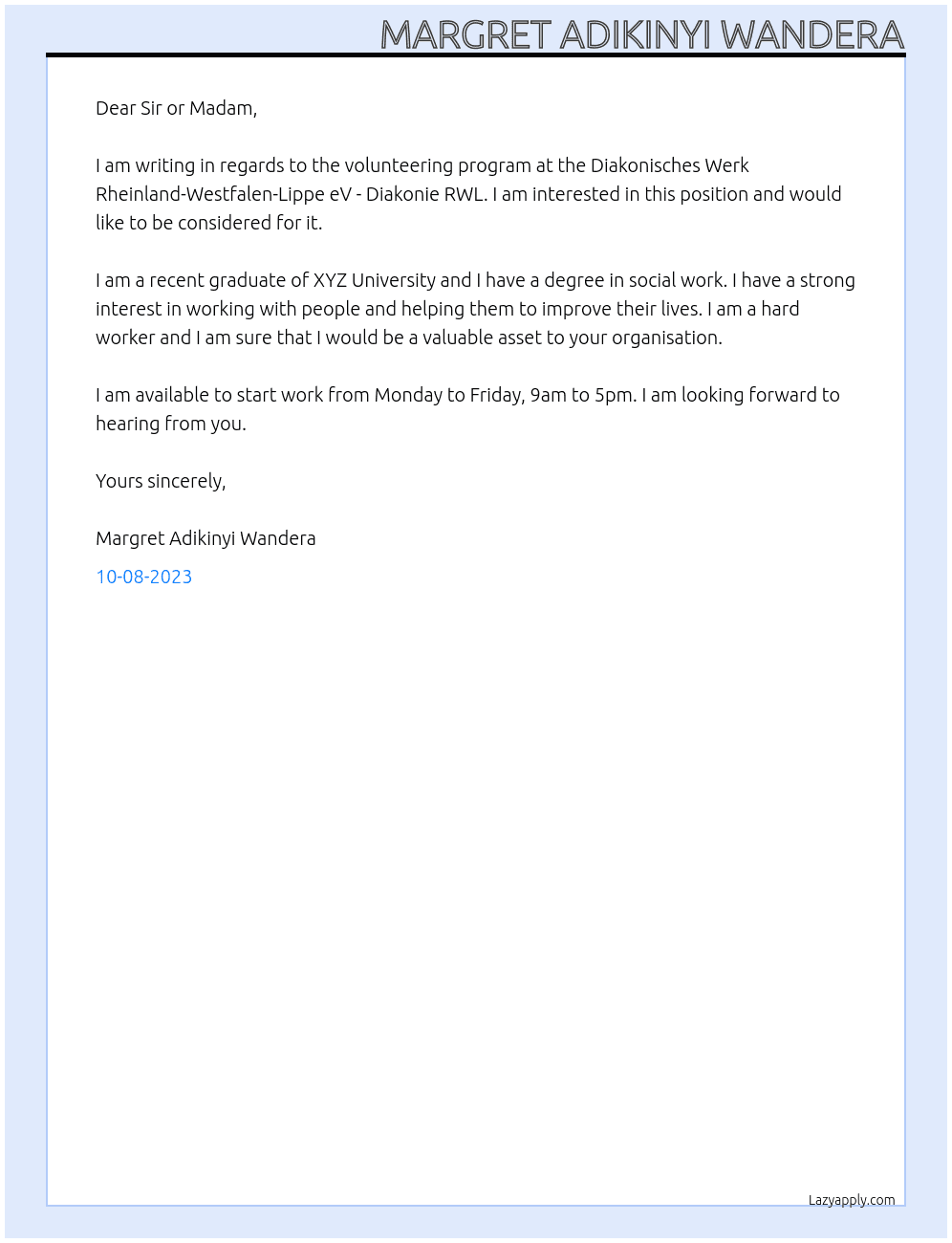 volunteering program At Diakonisches Werk Rheinland-Westfalen-Lippe eV - Diakonie RWL Cover Letter