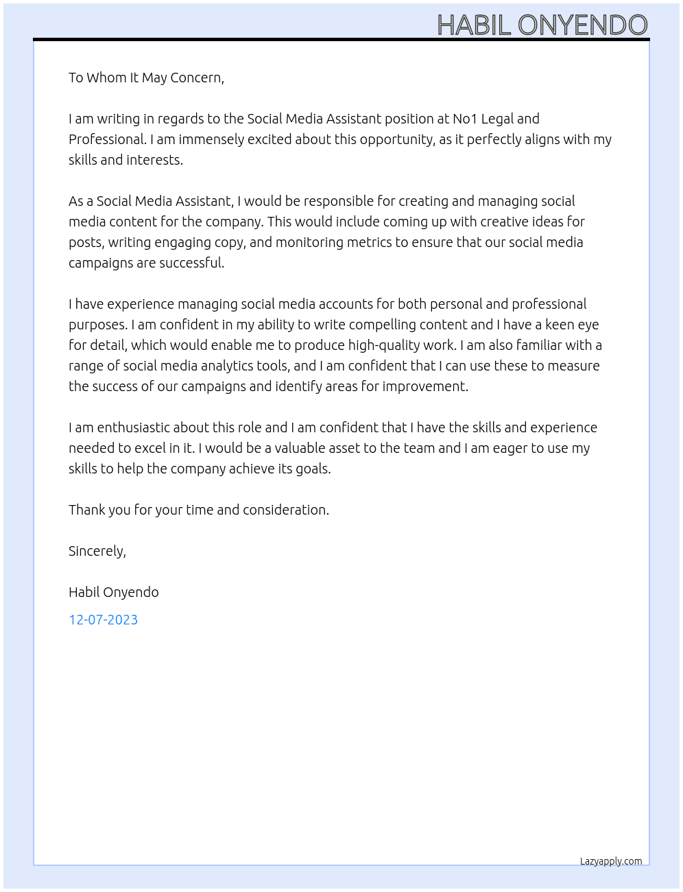 Social Media Assistant At No1 Legal and Professional Cover Letter