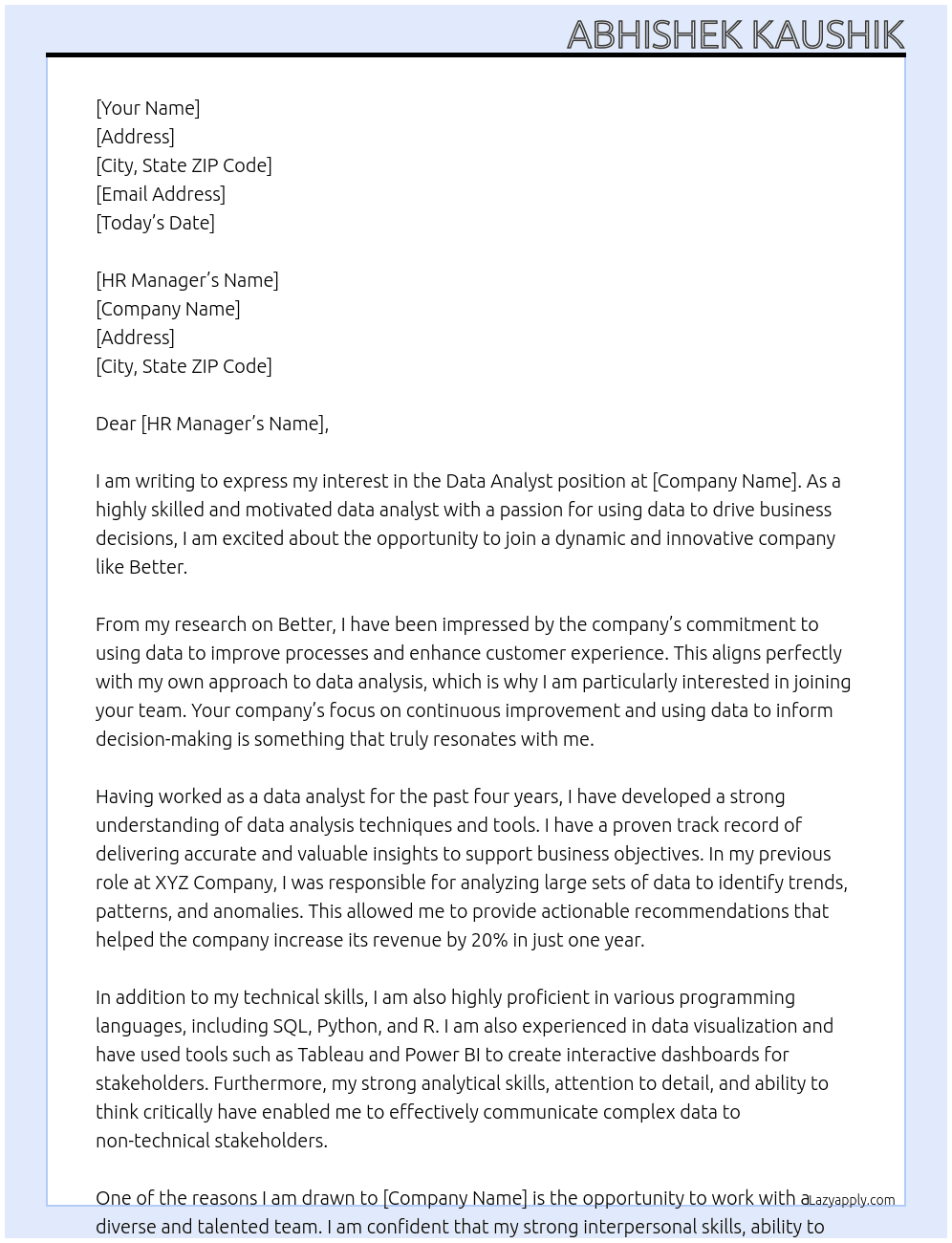 Data Analyst At Better Cover Letter