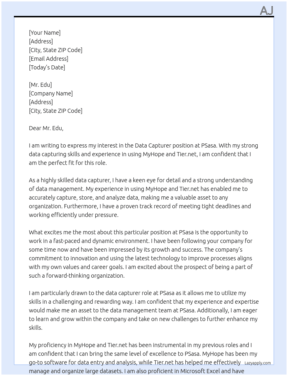 data captuer At PSasa Cover Letter
