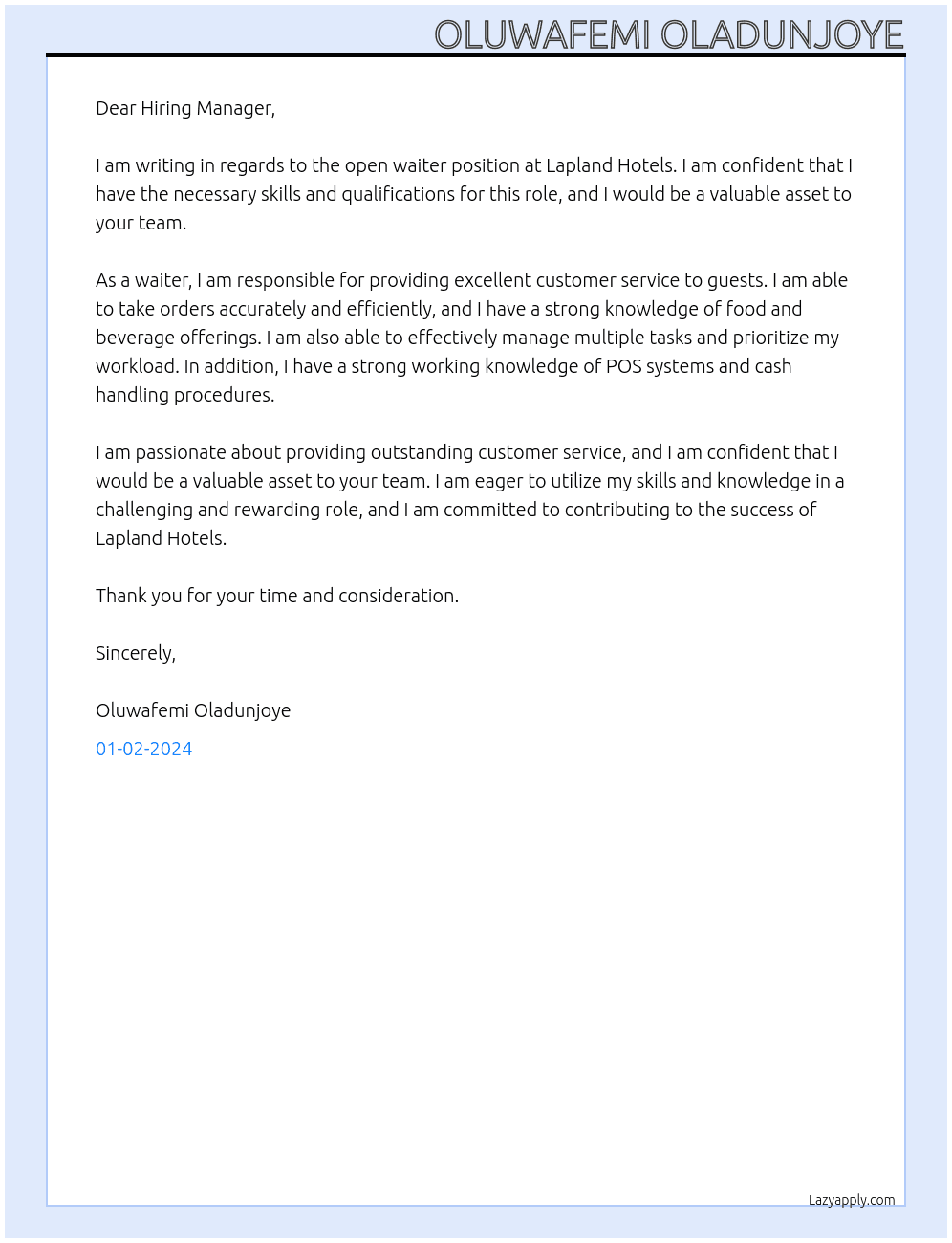 waiter At Lapland Hotels Cover Letter
