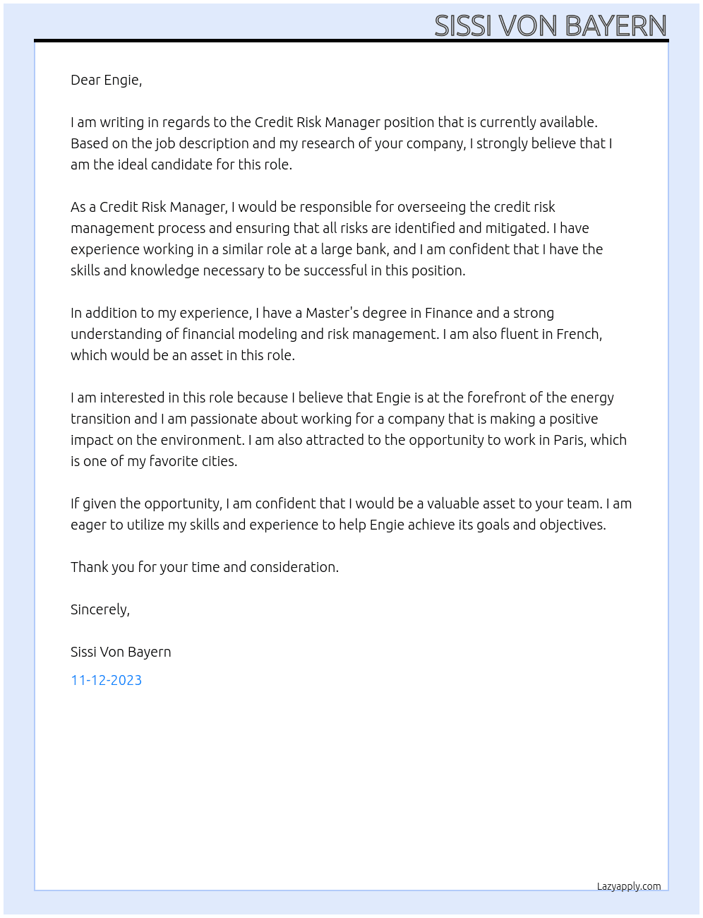Credit risk manager At Engie Cover Letter