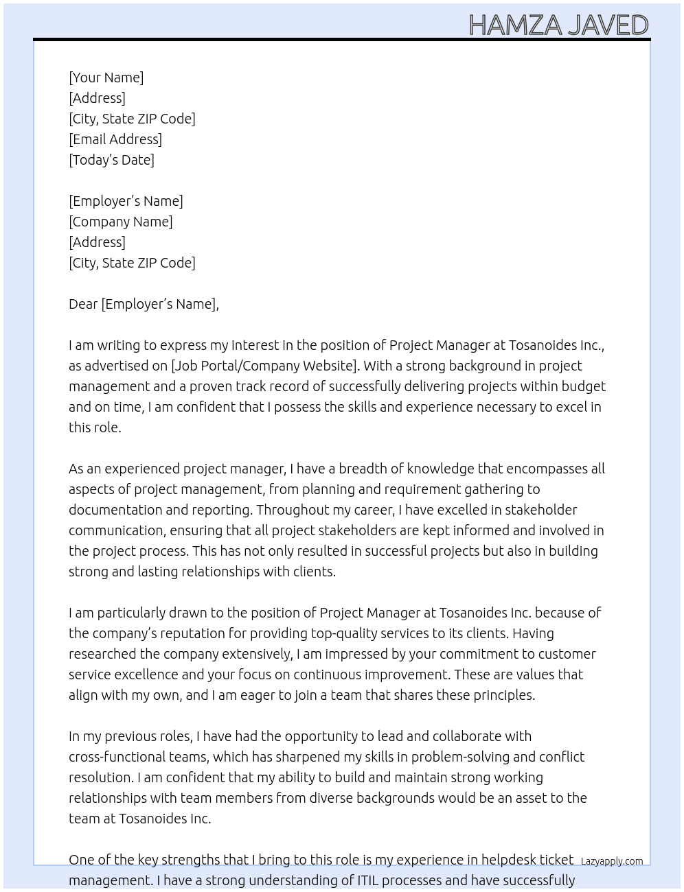 Project Manager At Tosanoides Inc. Cover Letter