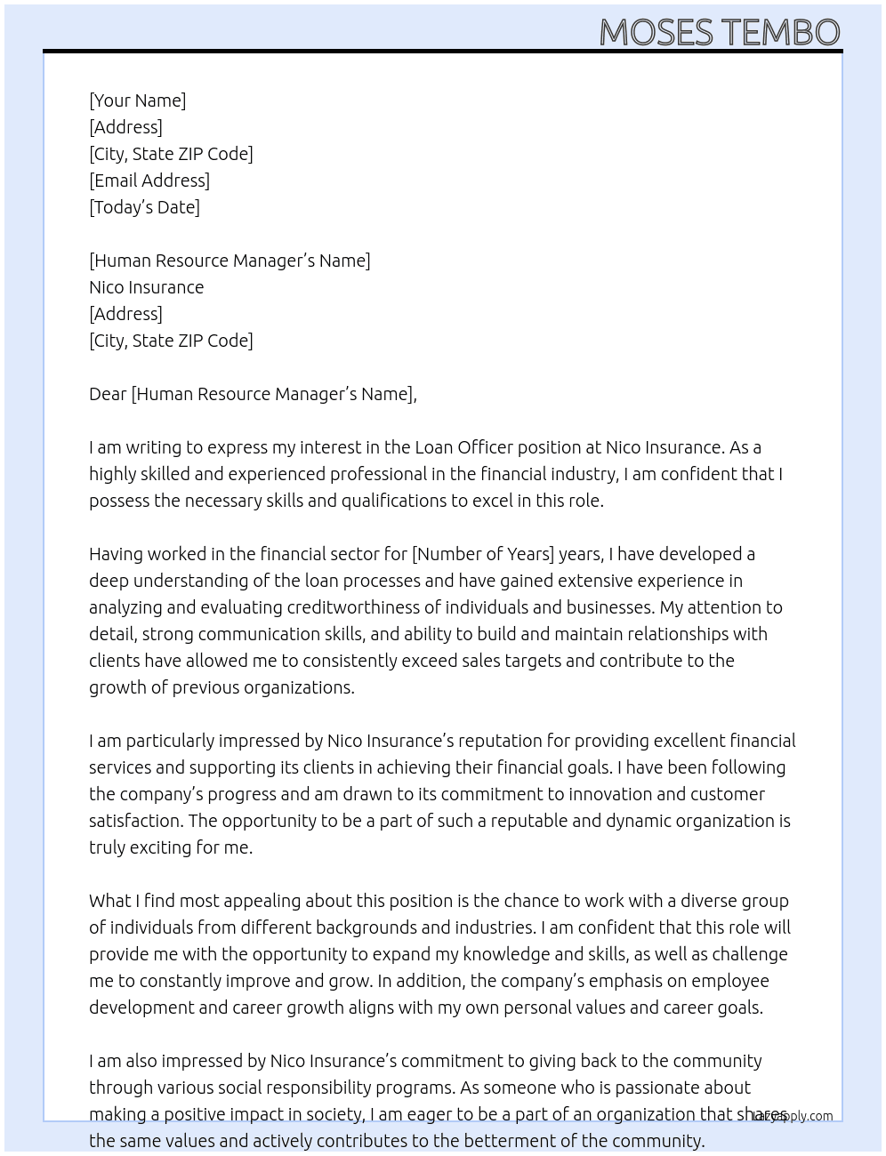 Loan officer At Nico Insurance  Cover Letter
