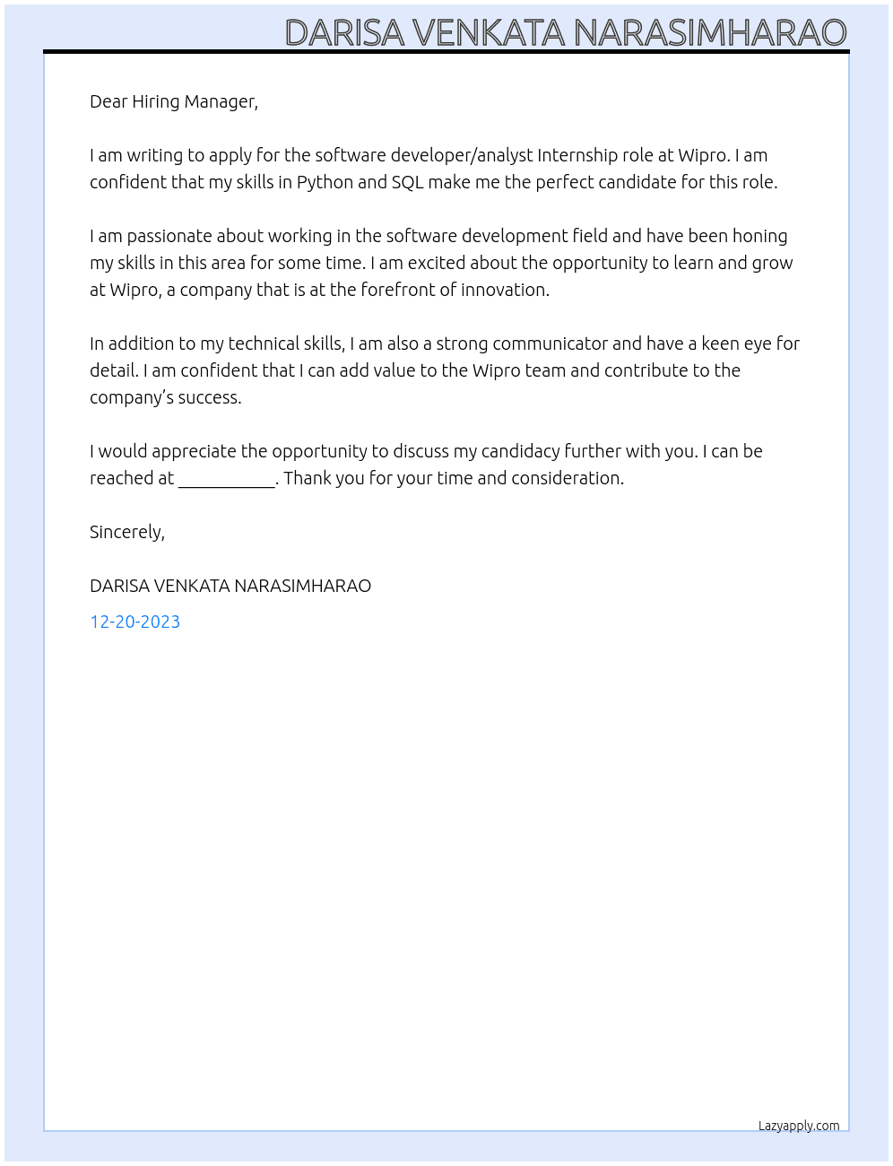 software developer, Analyst At Wipro Cover Letter