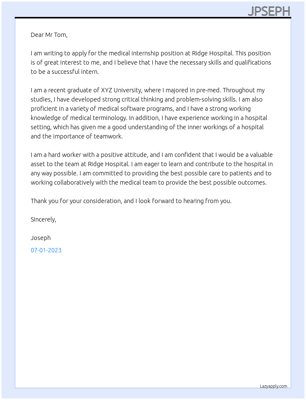 Medical internship  At Ridge hosptal Cover Letter
