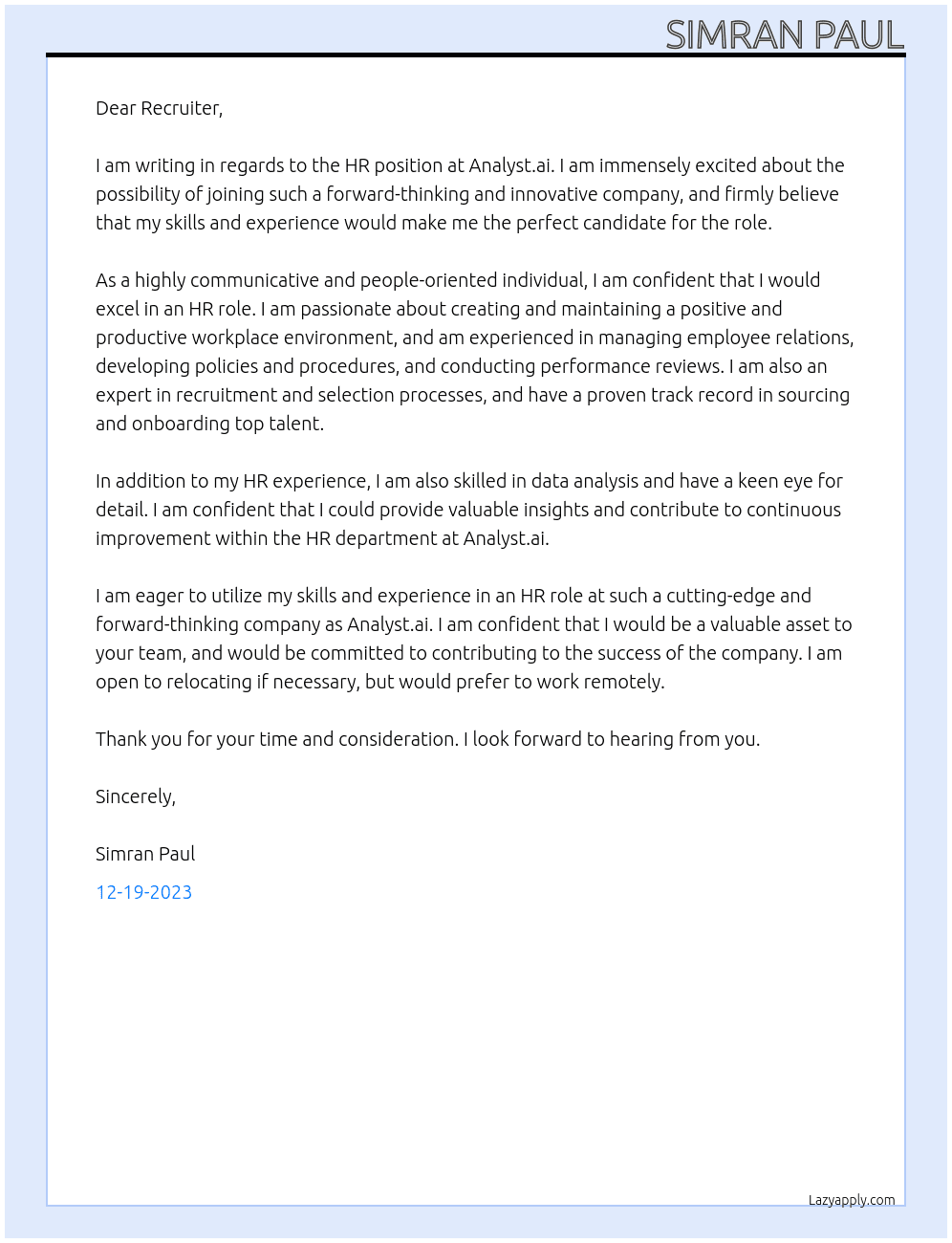 Hr At Analyst.ai Cover Letter