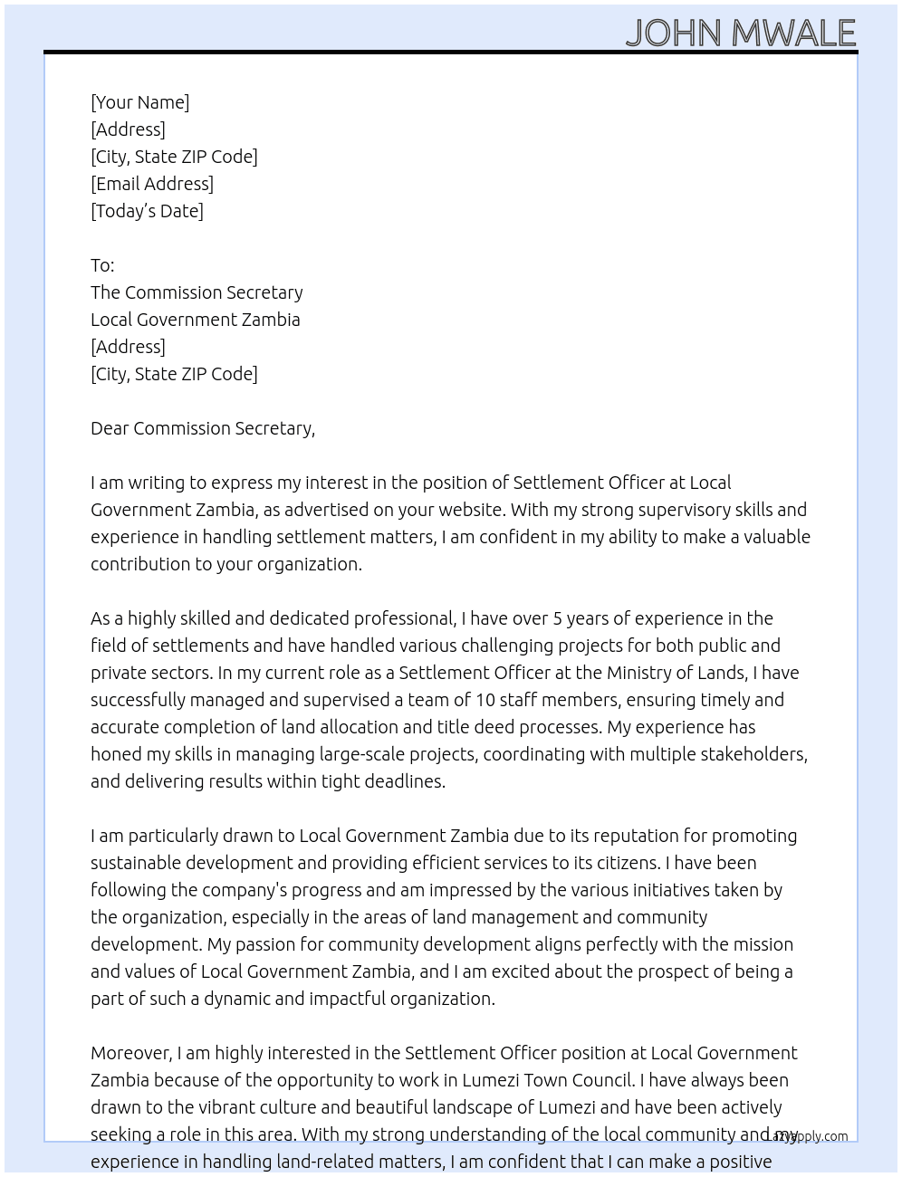Settlement officer At Local Government Zambia Cover Letter