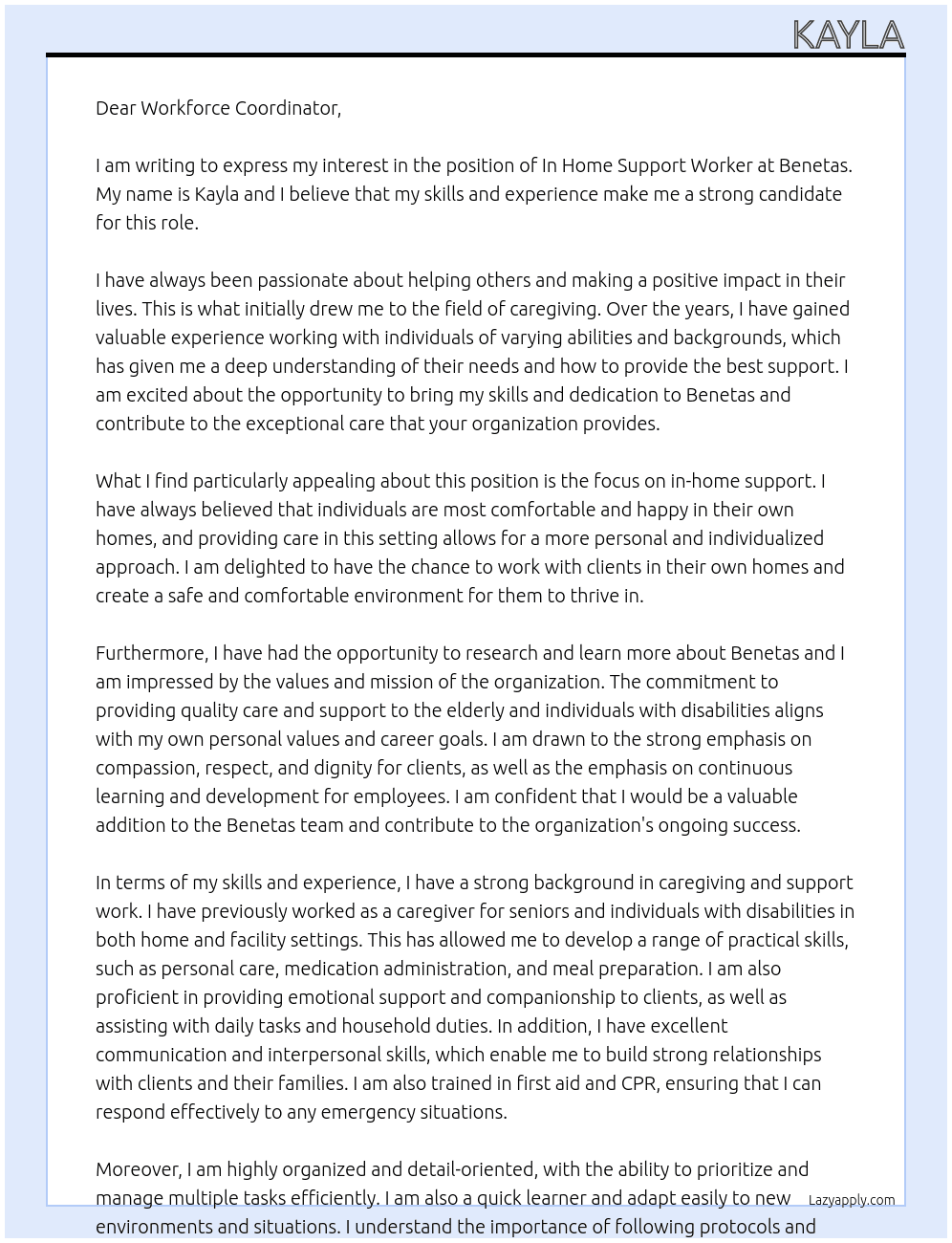 In home Support Worker  At Benetas  Cover Letter
