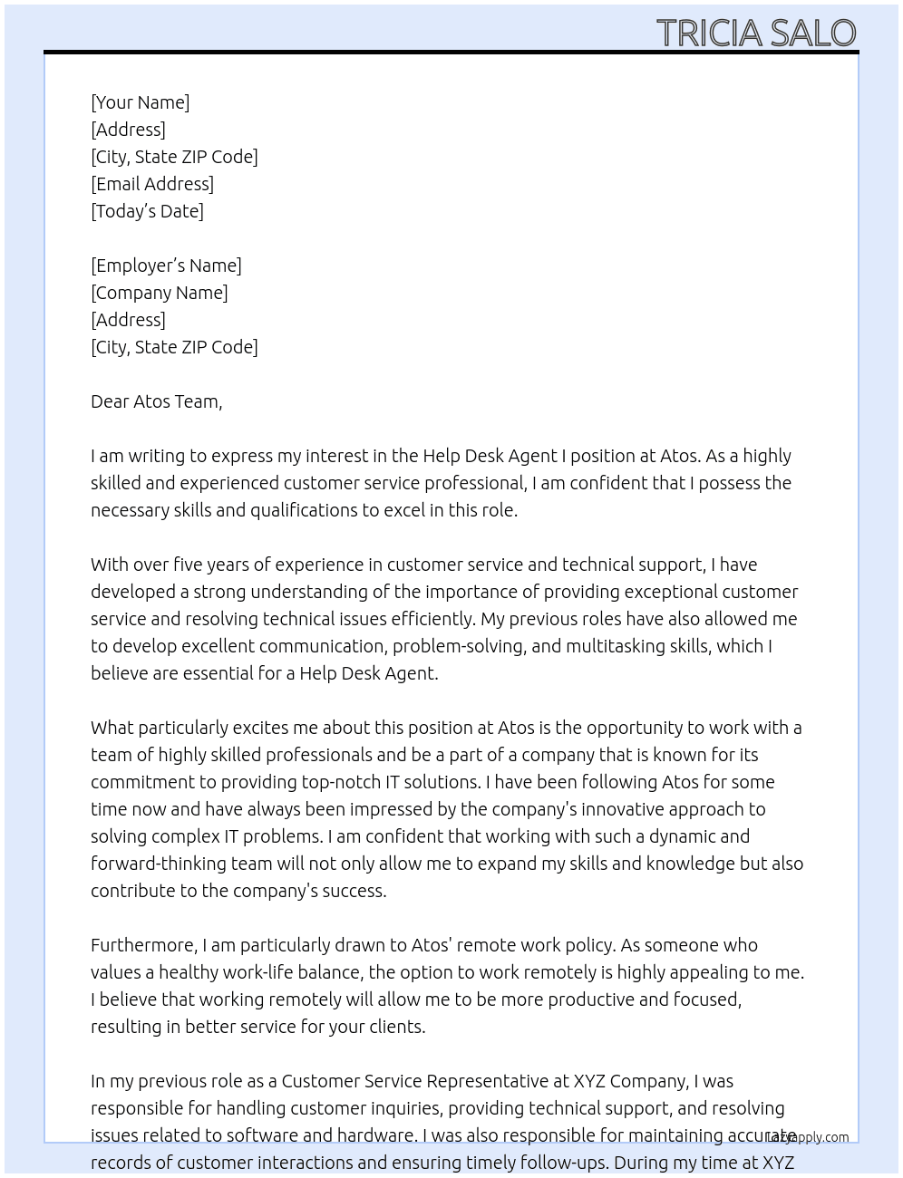 Help Desk Agent I At Atos Cover Letter