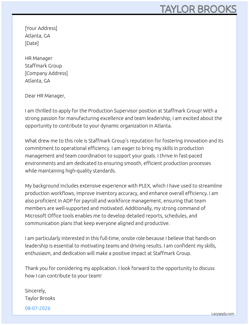 Cover letter for production supervisor - LazyApply