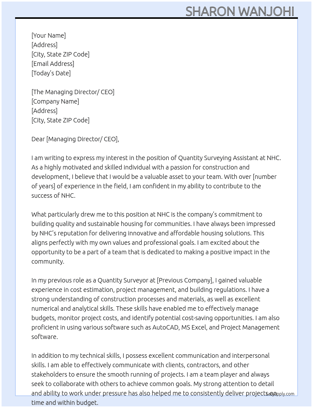 Quantity surveying assistant  At NHC Cover Letter