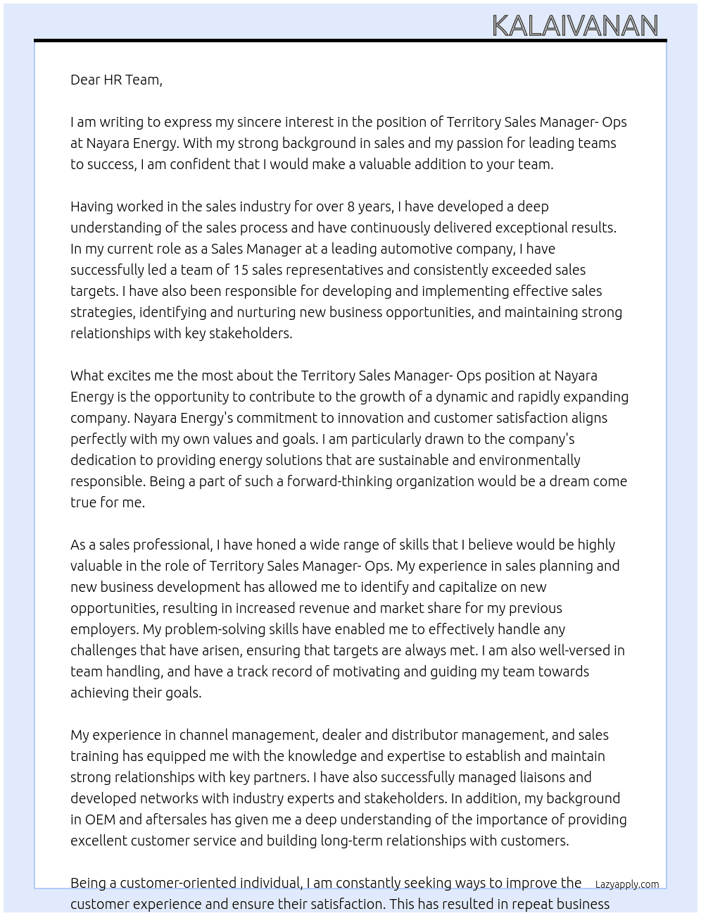 Territory Sales Manager- Ops At Nayara Energy Cover Letter