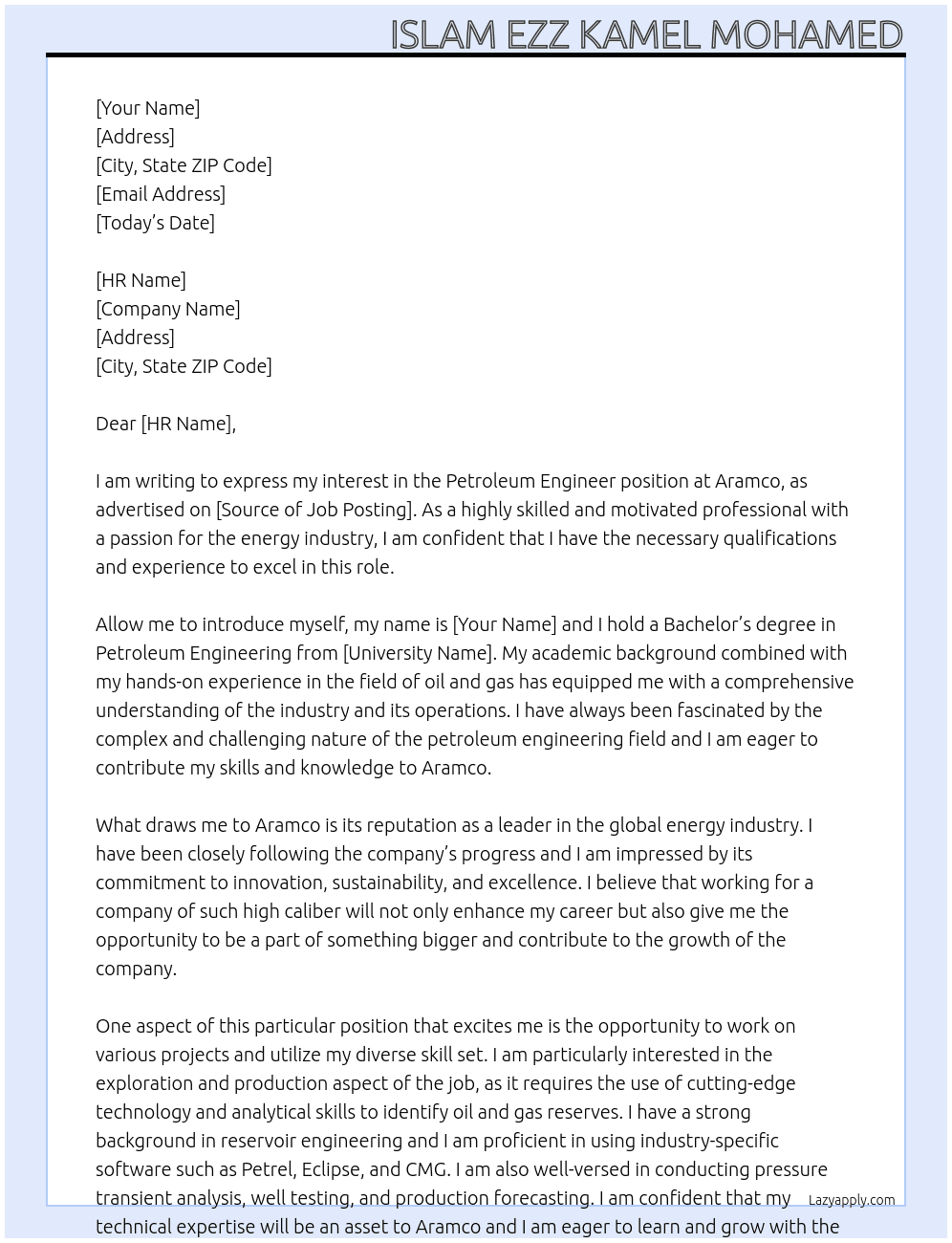 Petroleum Engineer  At Aramco  Cover Letter