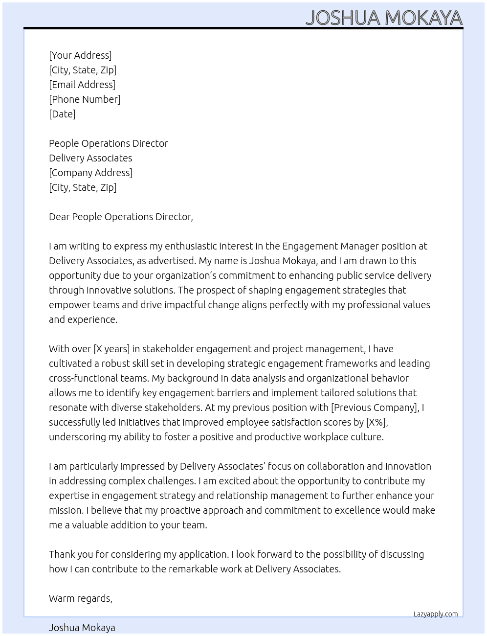 Engagement Manager At Delivery Associates Cover Letter