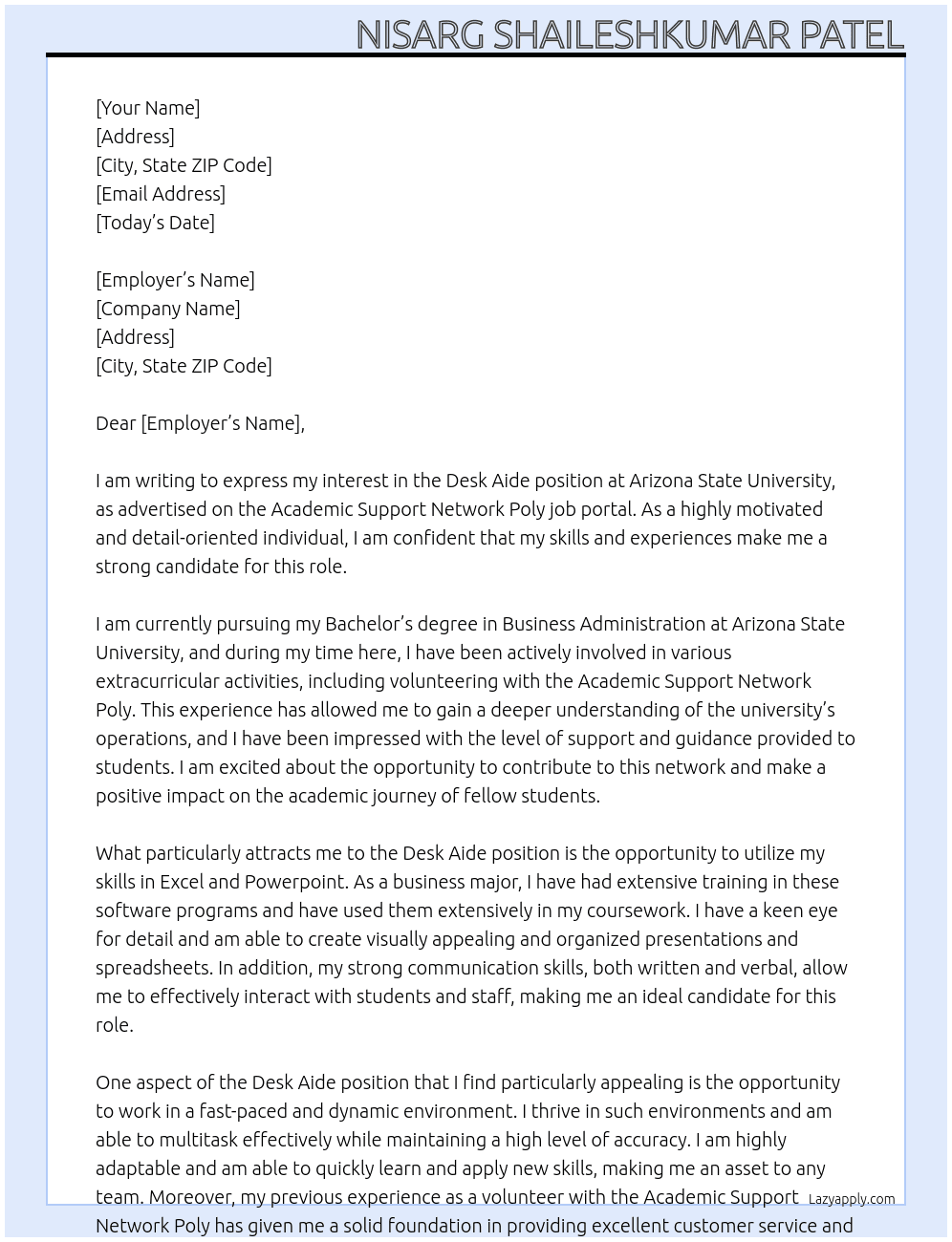Desk Aide  At Arizona State University Cover Letter