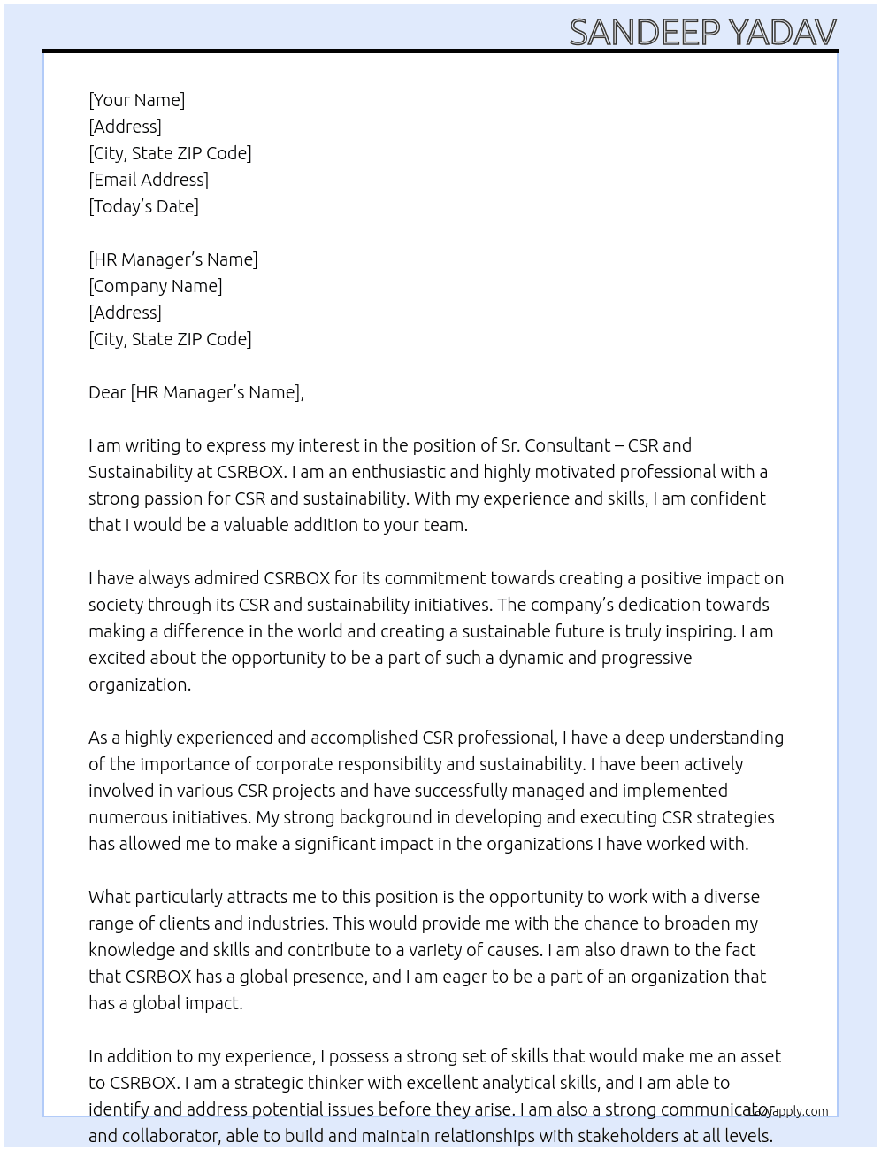 Sr. Consultant – CSR and Sustainability At CSRBOX Cover Letter