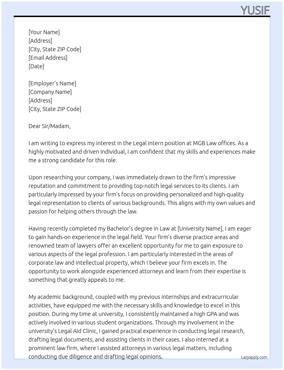 Legal intern At MGB Law offices Cover Letter
