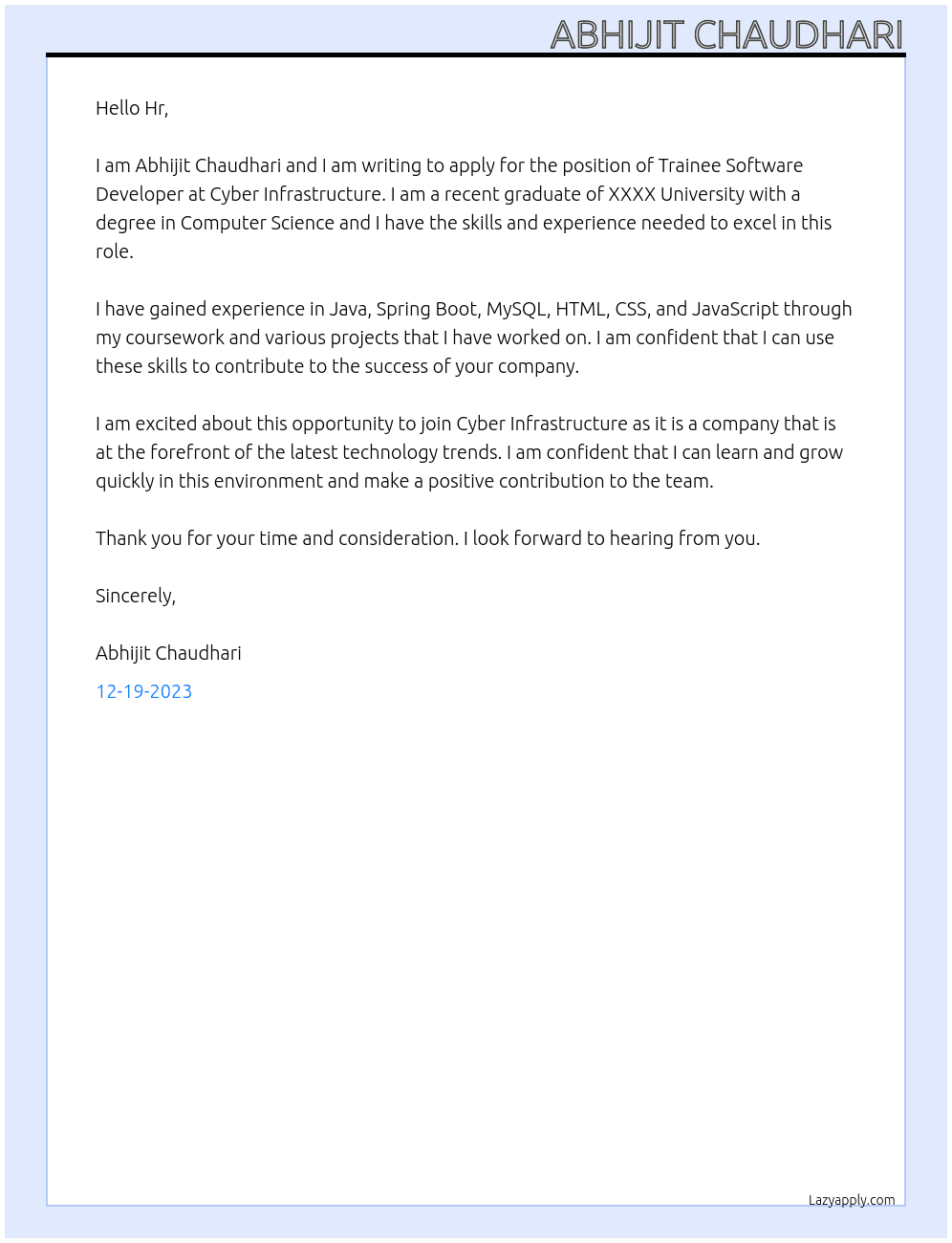 𝐓𝐫𝐚𝐢𝐧𝐞𝐞 𝐒𝐨𝐟𝐭𝐰𝐚𝐫𝐞 𝐃𝐞𝐯𝐞𝐥𝐨𝐩𝐞𝐫 Fresher At Cyber Infrastructure Cover Letter