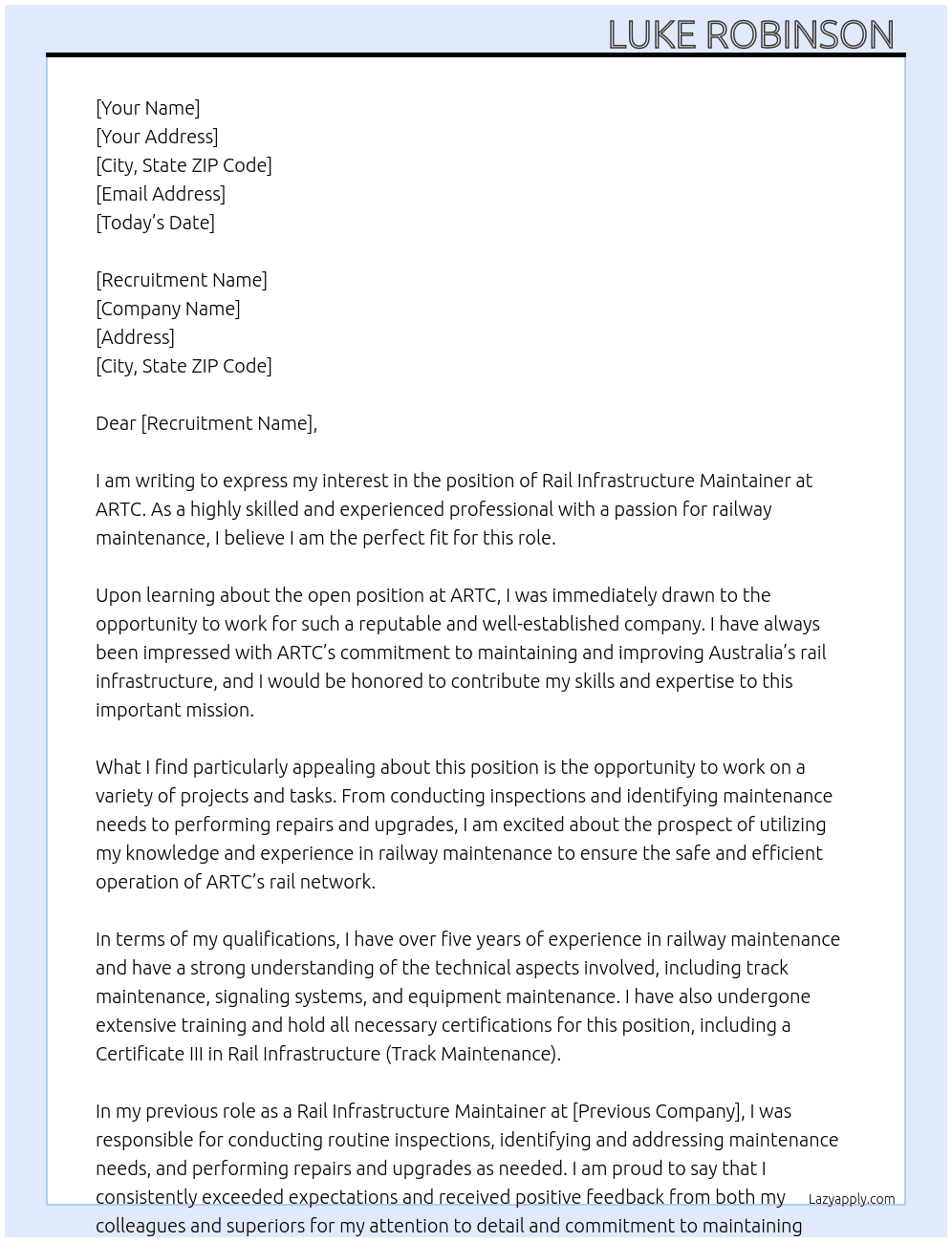 Rail Infrastructure Maintainer At ARTC Cover Letter