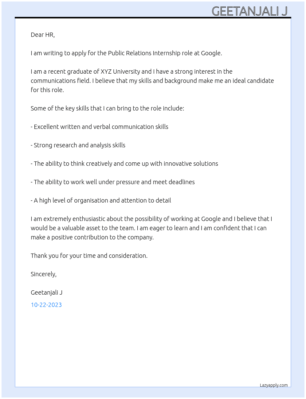 Public Relations  At Google Cover Letter