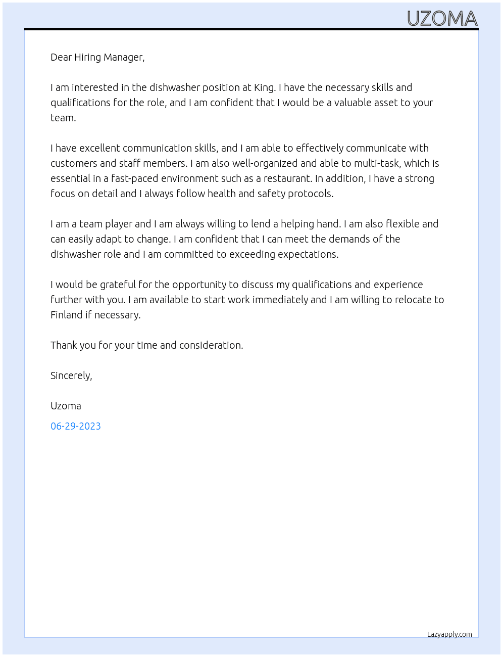 Dishwasher  At King Cover Letter