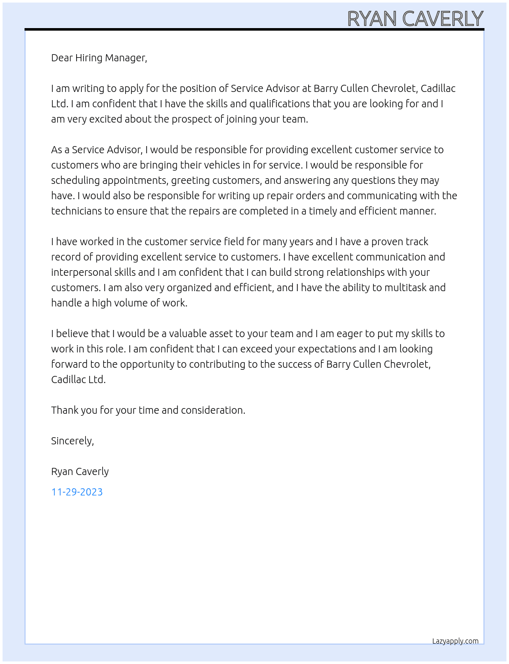 Service Advisor At Barry Cullen Chevrolet, Cadillac Ltd. Cover Letter