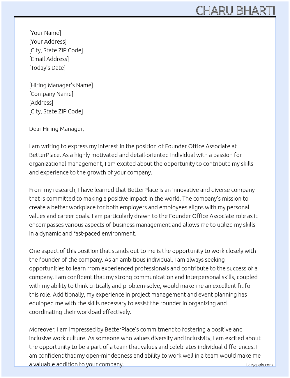founder office associate At BetterPlace Cover Letter