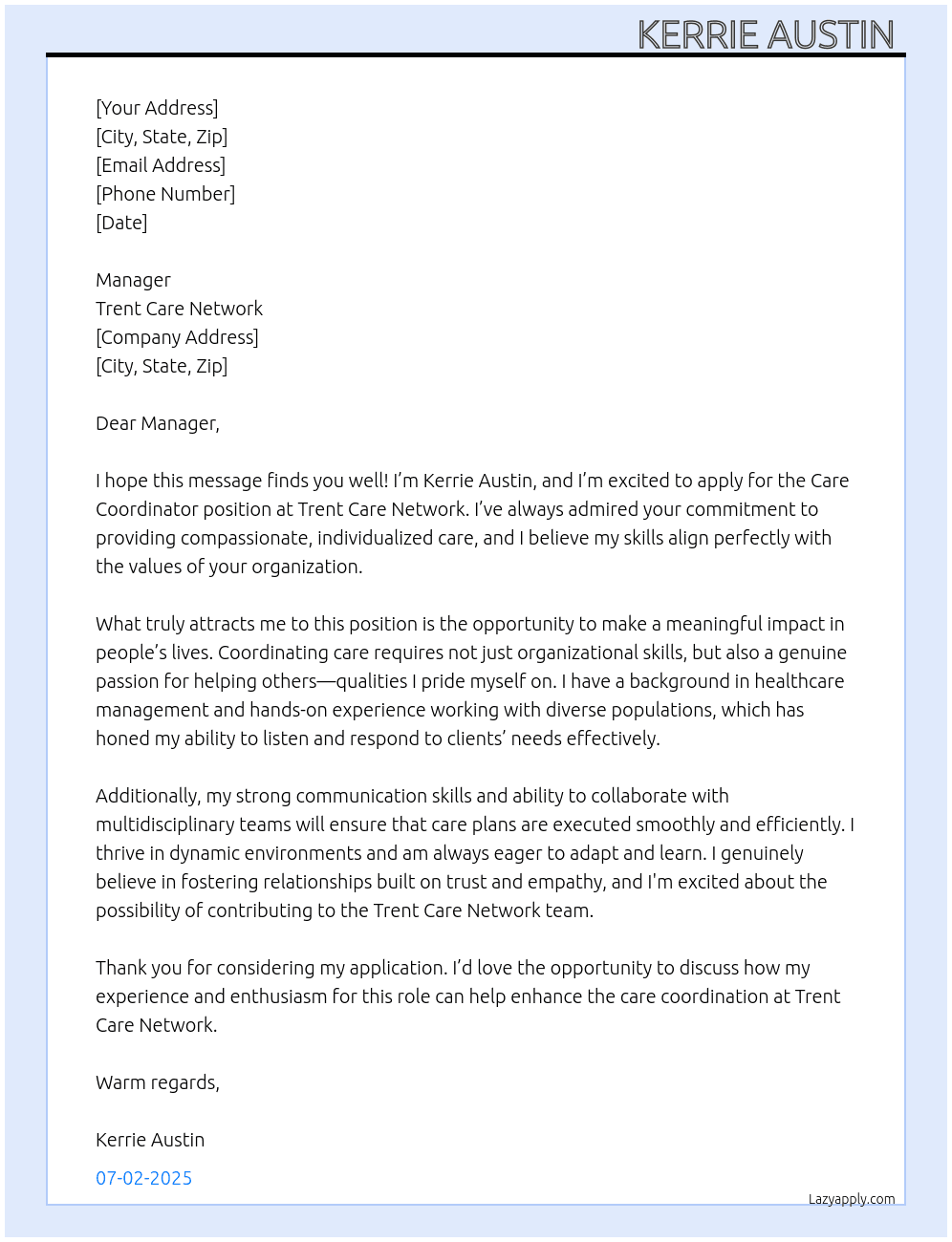Care coordinator  At Trent care network  Cover Letter