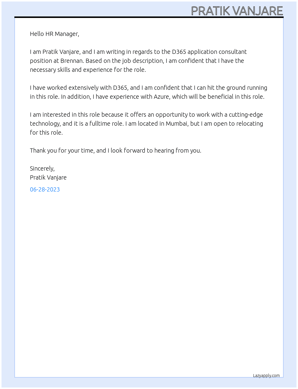 D365 application consultant At Brennan Cover Letter