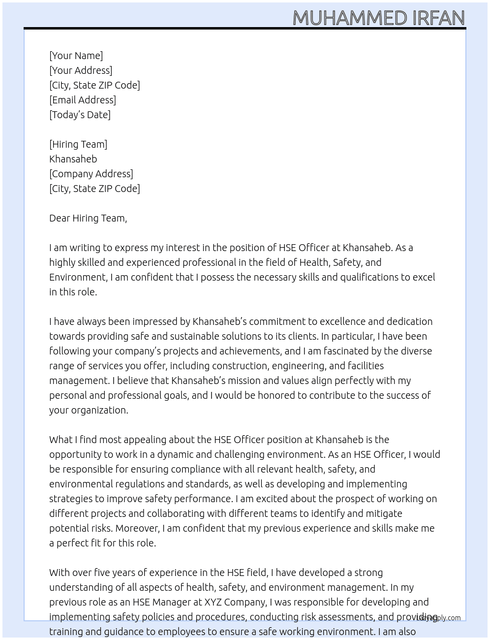 HSE officer At Khansaheb Cover Letter