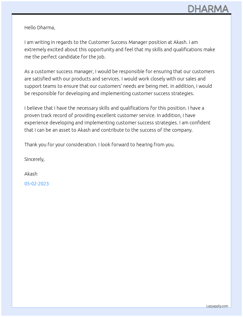 Customer Success Manager  At Akash Cover Letter