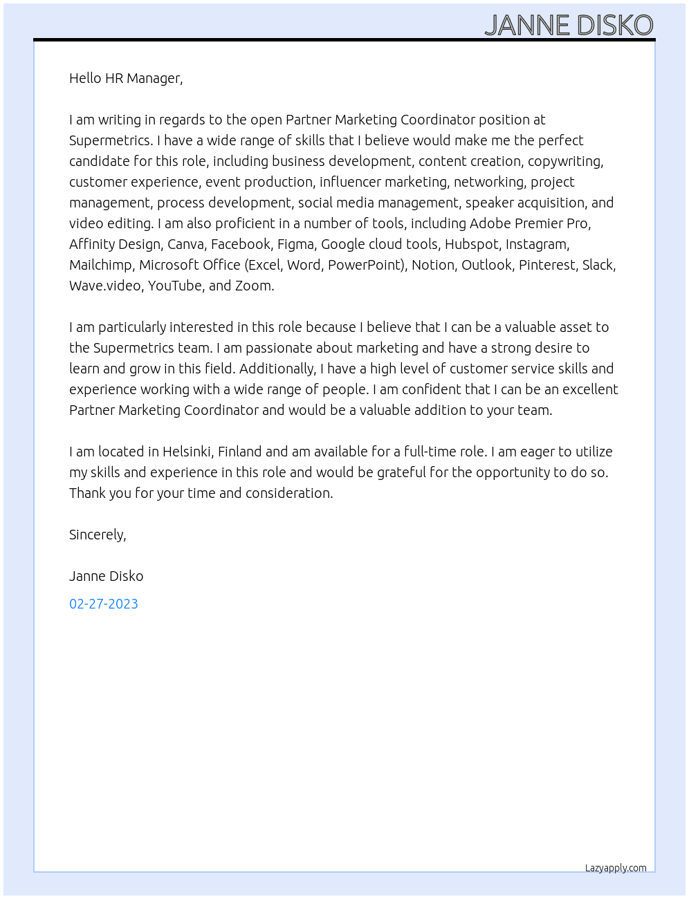 Partnter Marketing Coordinator At Supermetrics Cover Letter