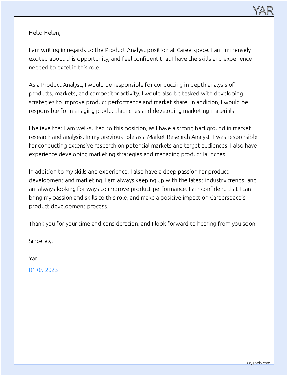 Product Analyst At careerspace Cover Letter