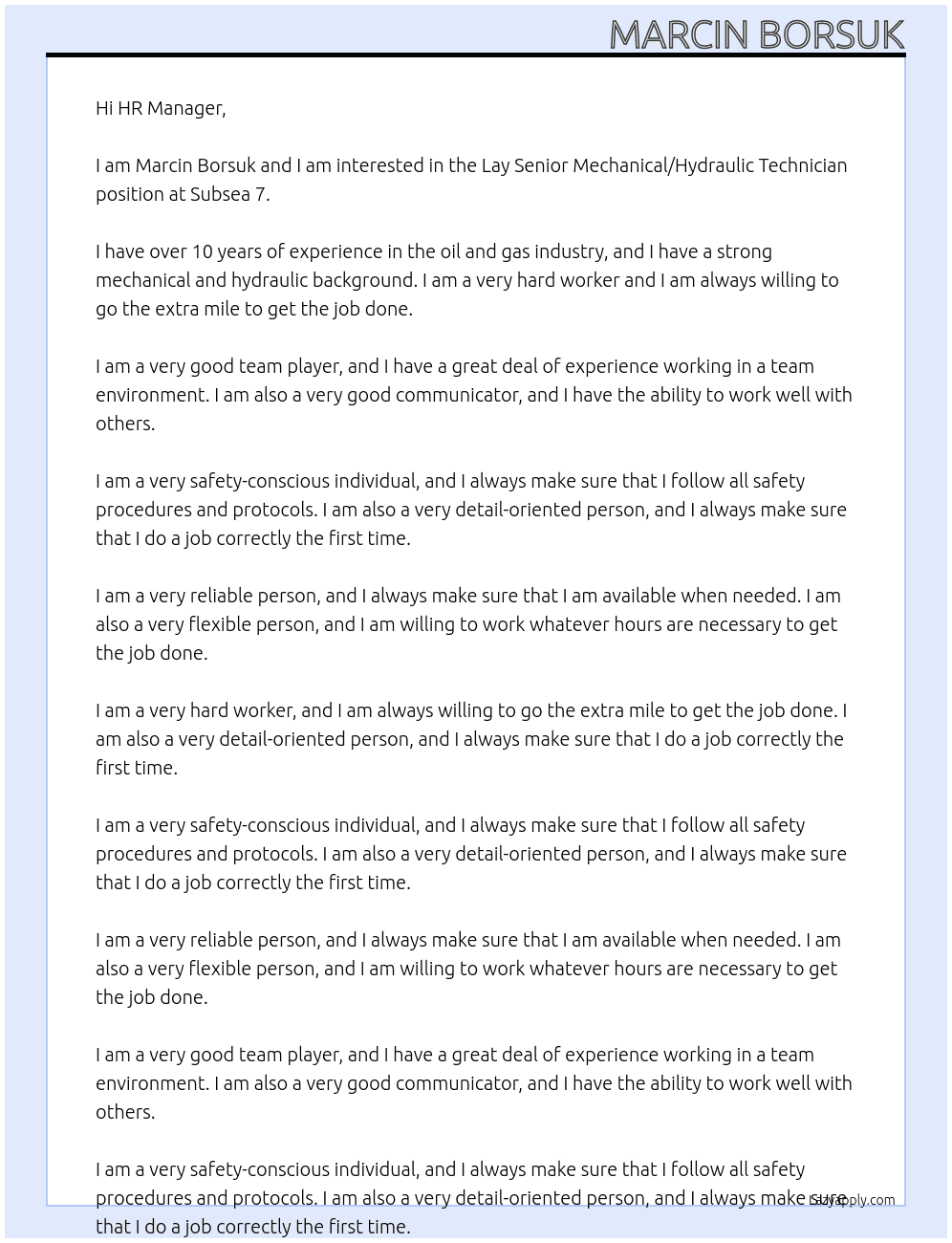 Lay Senior Mechanical/Hydraulic Technician At Subsea 7 Cover Letter