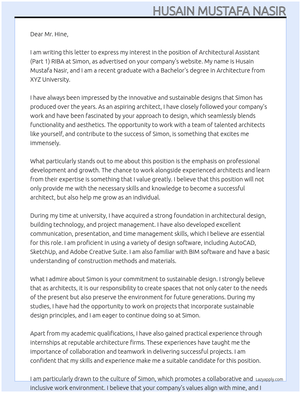 Architectural Assistant (Part 1) RIBA At Simon Cover Letter