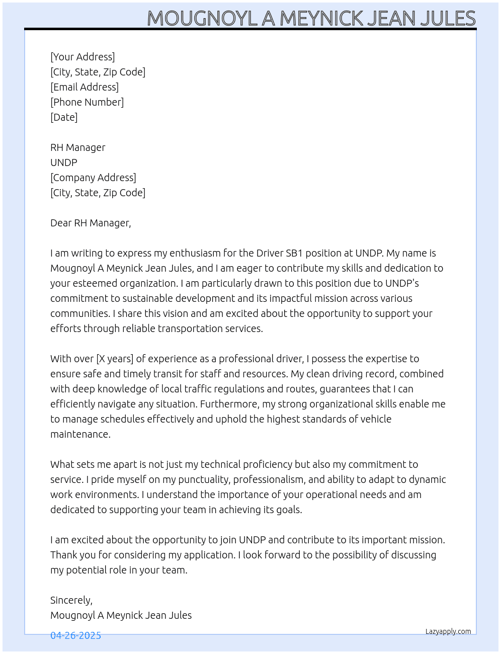 Cover letter for driver sb1 - LazyApply