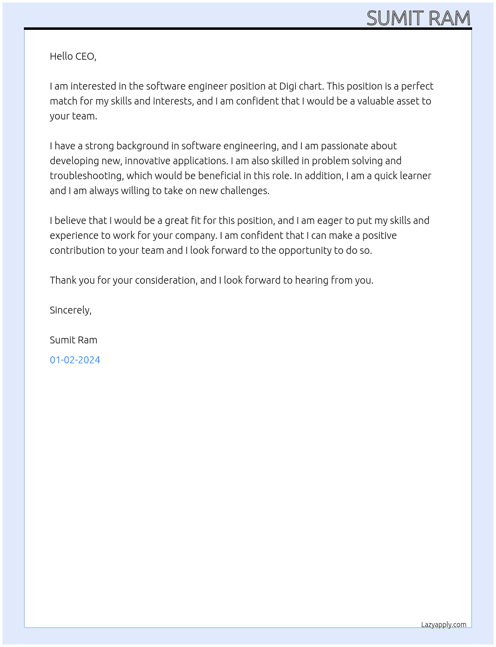 software engineer At Digi chart Cover Letter